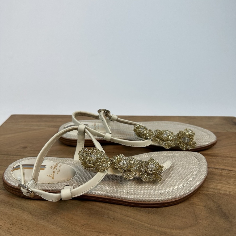 New Womens Sam Edelman Gigi Flora Gold Beaded T-Strap Thong Sandals‎ Size 6.5 M